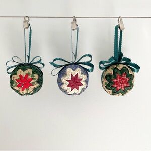 Handmade Quilted Star Christmas Ornaments Set of 3 • Fabric Folded Balls